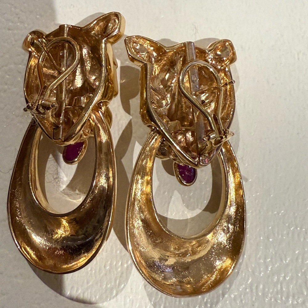 14k solid Gold Panther Earrings with Red Accent. 38.80 grams - Picture 2 of 7
